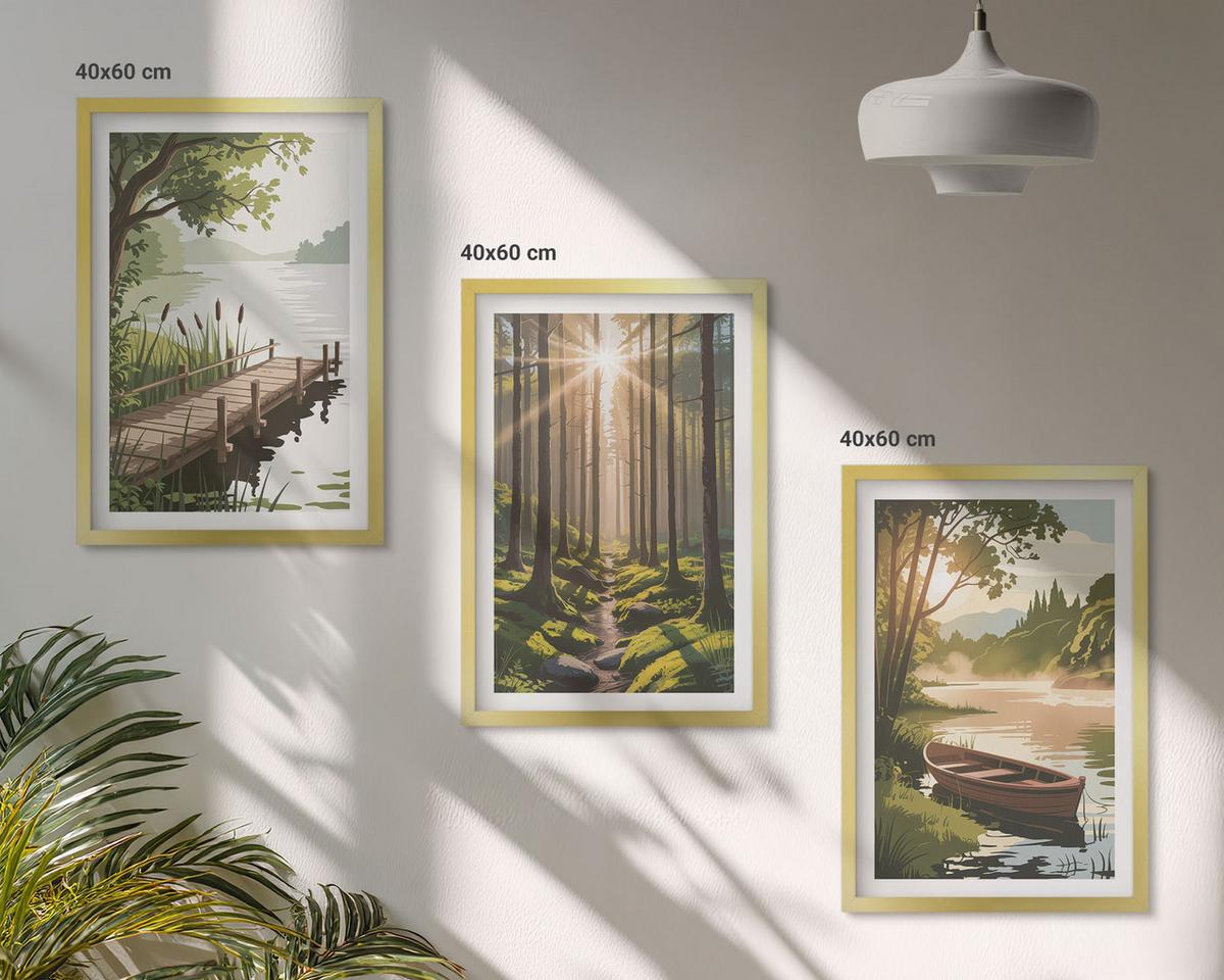BILDER SET 3er Set - 40x60 cm Goldrahmen - Landschaft aus Wald, See und Boot - Goldfarben, Kunststoff (40/60cm) - TULUP