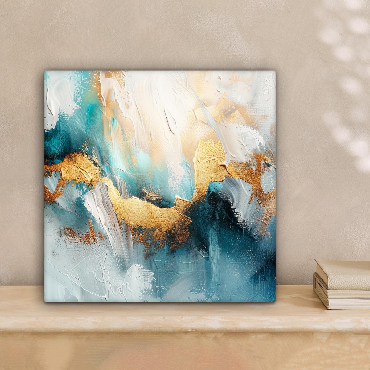 LEINWANDBILD Abstrakt - Kunst - Gold - Blau Deko Wohnzimmer 20x20 cm - Petrol, Textil (20/20cm) - MuchoWow