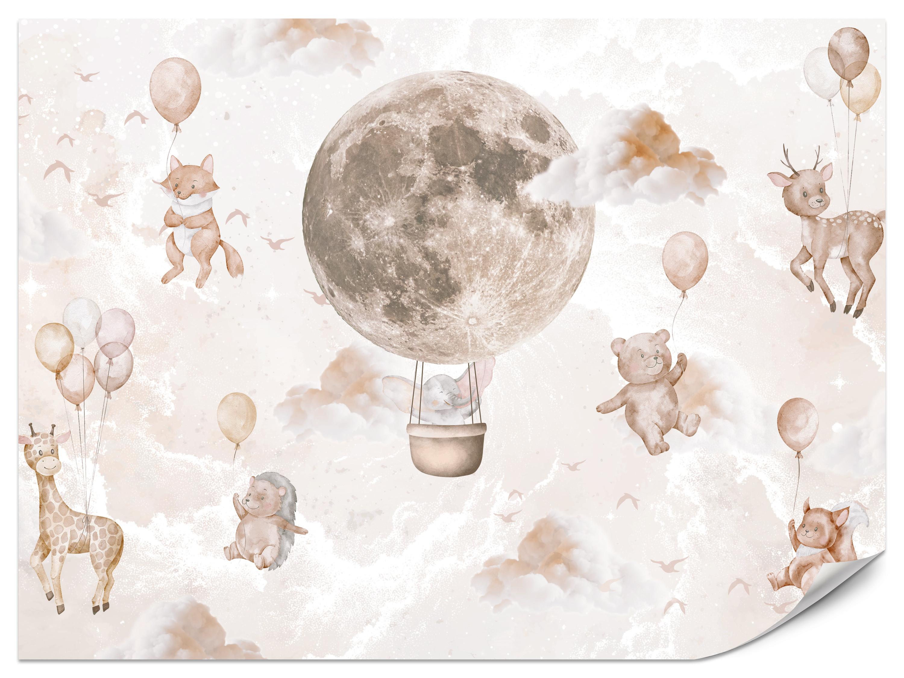 FOTOTAPETE für Kinderzimmer Mond Ballons Bär Rehkitz Giraffe Wolken 500x350 - Beige/Rosa, Papier (500/350cm) - Muralo
