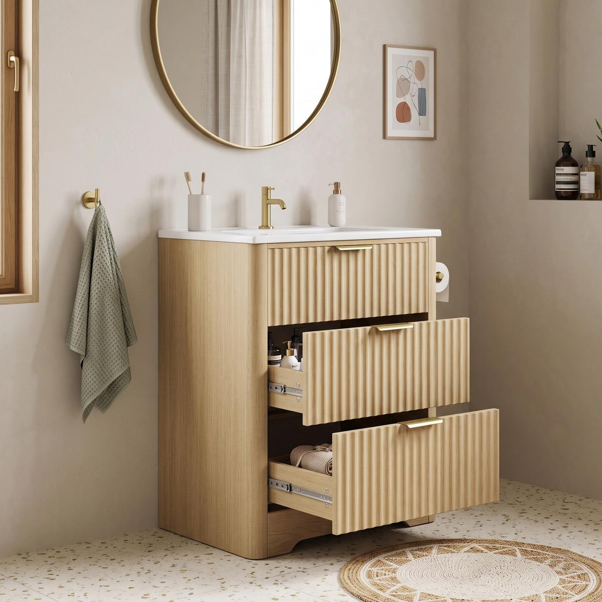 WASCHTISCHUNTERSCHRANK Holzoptik mit 2 Schubladen & Papierhalter - Naturfarben, Holzwerkstoff (61/82/47cm) - Urban Meuble
