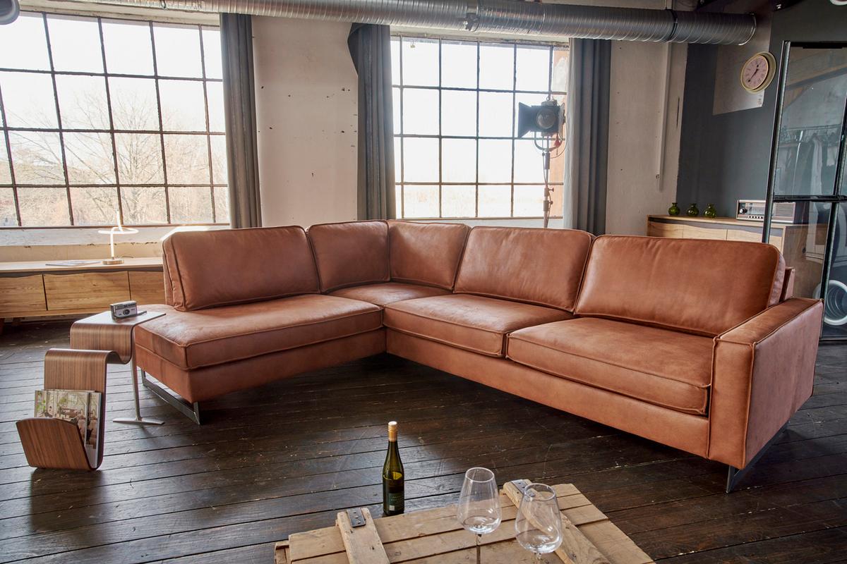ECKSOFA VILNIUS Braun Lederfaserstoff - Schwarz/Braun, Leder/Metall (290/217cm) - KAWOLA