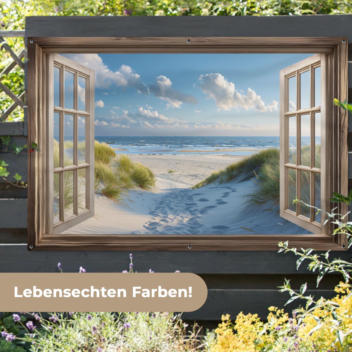 GARTENPOSTER Aussicht - Strand - Fenster - Dünen - Meer Poster für draußen 180x120 cm - Hellblau, Kunststoff (180/120/0.2cm) - OnlyWow