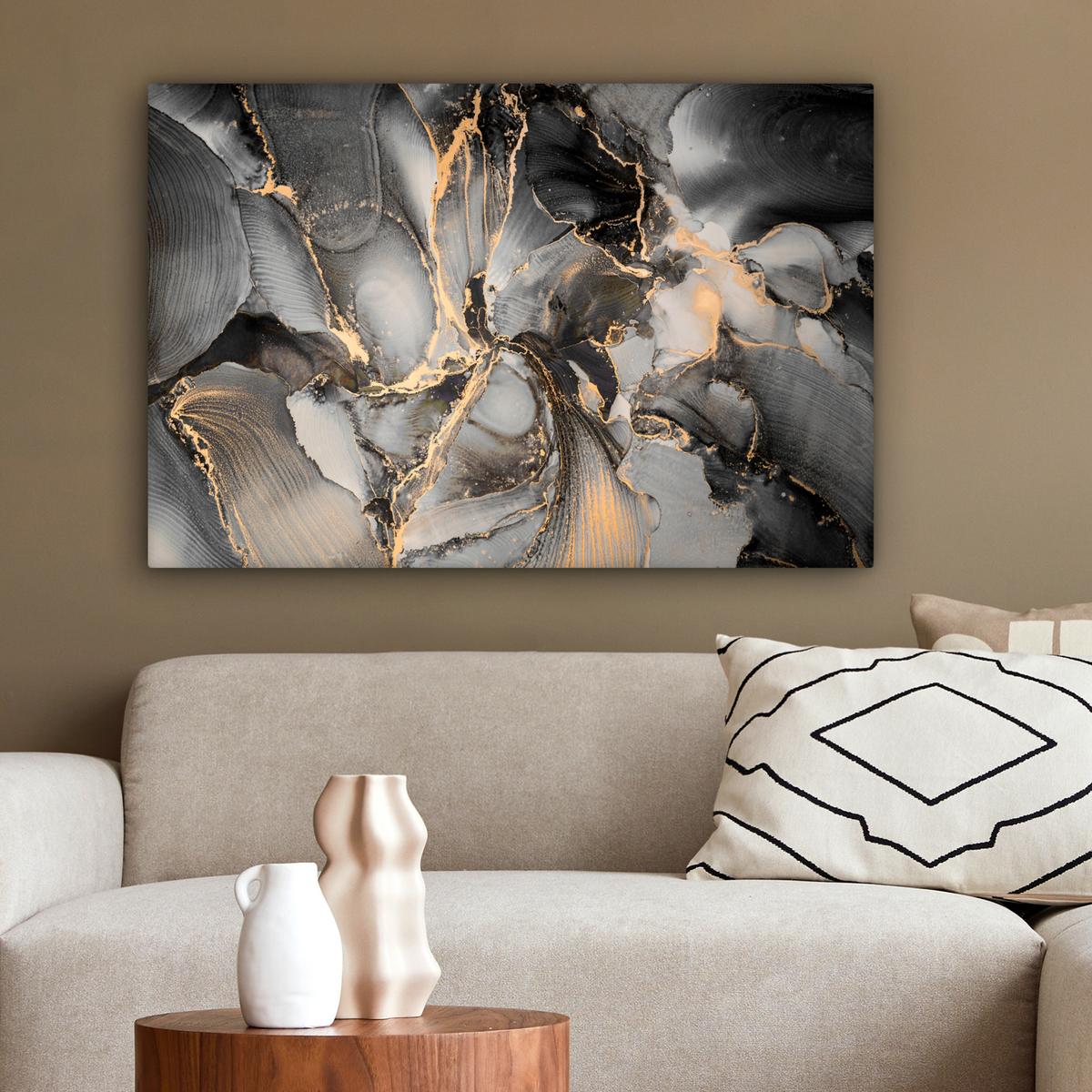 LEINWANDBILD Grau - Luxus - Gold - Marmor Gemälde 60x40 cm - Dunkelgrau, Textil (60/40cm) - MuchoWow