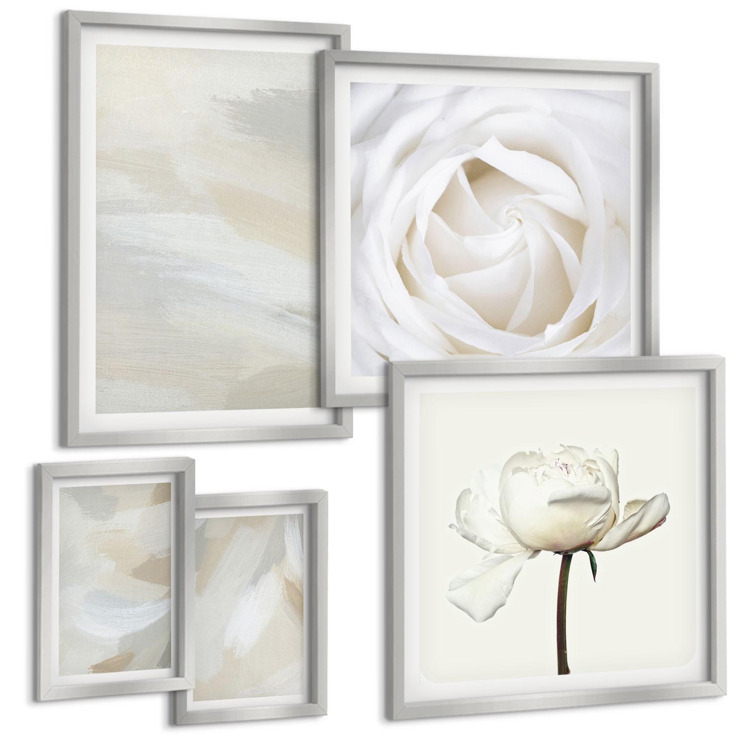 BILDER SET 5er Set - 50x50 cm & 20x30 cm & 40x60 cm Silberner Rahmen - Abstrakter Hintergrund mit feinen Strichen - Silberfarben, Kunststoff (40/60cm) - TULUP