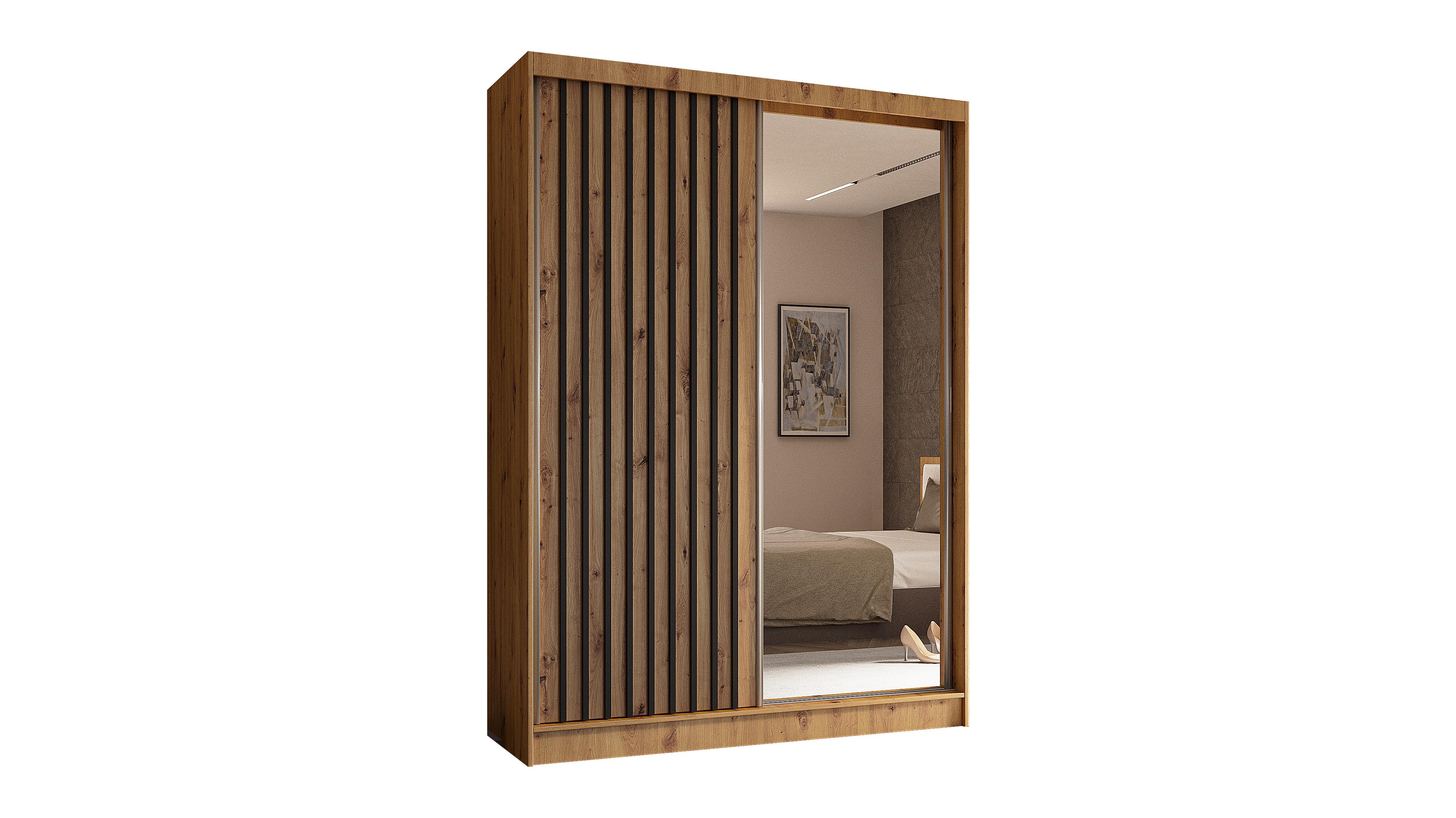 KLEIDERSCHRANK mit Spiegel-Schiebetüren und Aluminium-Leisten - LAMELO - 150 cm Artisan+Artisan+Schwarz - Schwarz/Eiche Artisan, Holzwerkstoff (150/216/61cm) - ALTDECOR