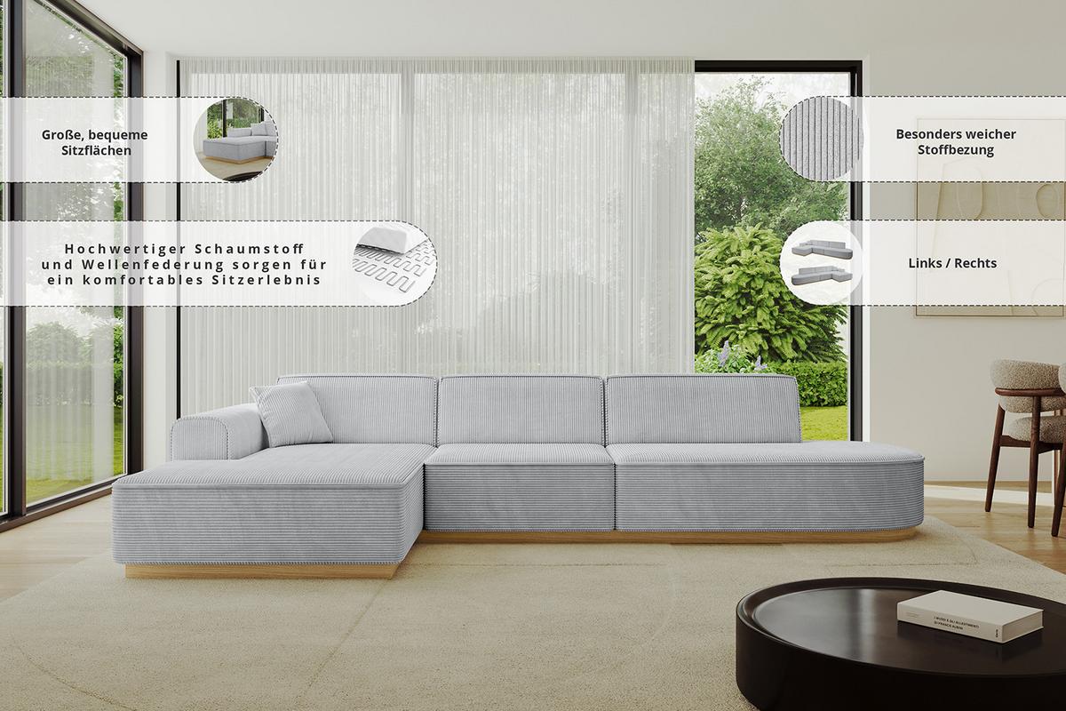 ECKSOFA Ottomane Links IREA-L2-v2 - 327x165x80 cm Grün - Platinfarben, Holzwerkstoff/Textil (327/165cm) - ALTDECOR