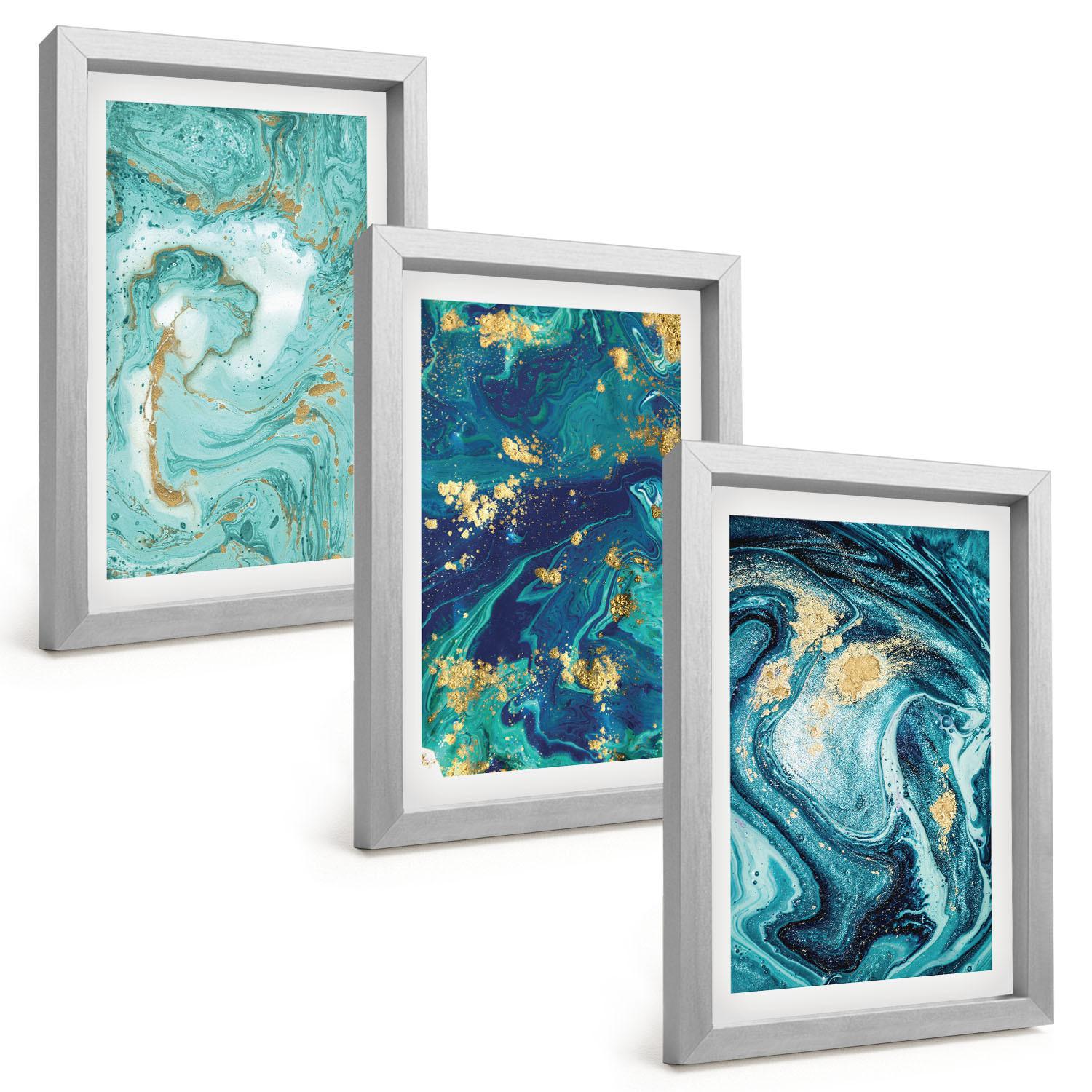 BILDER SET 3er Set - 20x30 cm Silberner Rahmen - Abstraktion von Türkisfarbe - Silberfarben, Kunststoff (20/30cm) - TULUP