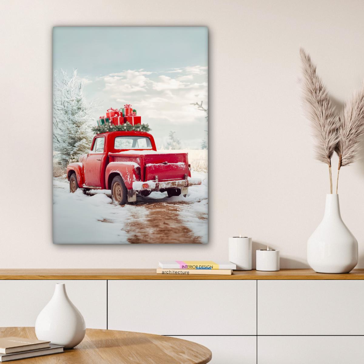 LEINWANDBILD Auto - Rot - Geschenke - Winter - Schnee - Weihnachten Wandbild Wohnzimmer 60x80 cm - Rot, Textil (60/80cm) - MuchoWow