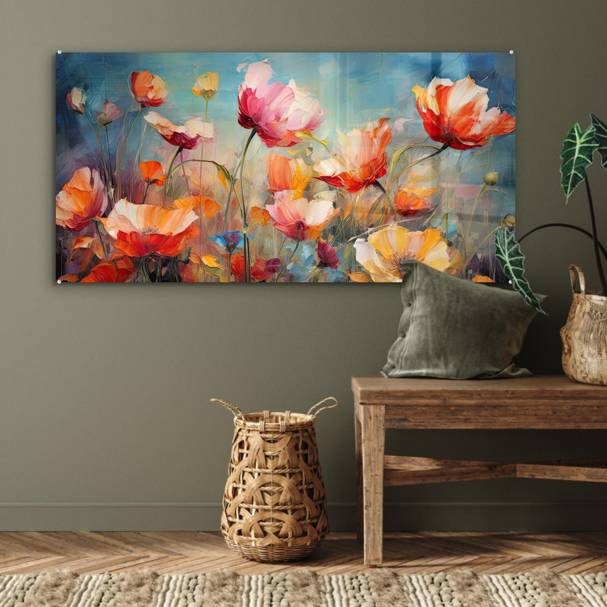 ACRYLGLASBILD Blumen - Aquarell - Kunst - Botanisch - Natur 120x60 cm - Orange, Glas (120/60cm) - MuchoWow
