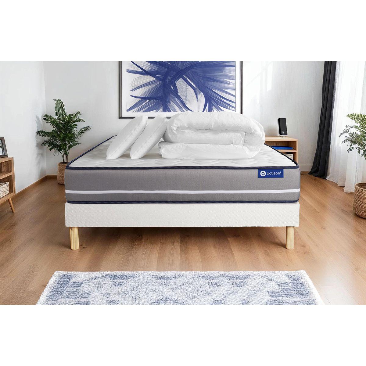 BETT Actilatex pur Latex und Memory-Schaum 160 x 200 cm h3 - Kit Bettgestell Weiß - Mit Kissen und Bettdecke - Beige/Weiß, Karton/Holz (160/200cm) - ACTISOM