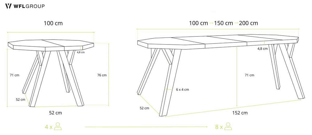 ESSTISCH Desmond achteckiger ausziehbarer, Grauer Beton 100-200/100/76 cm - Hellgrau/Schwarz, Holz/Holzwerkstoff (100/200/76cm) - WFL GROUP