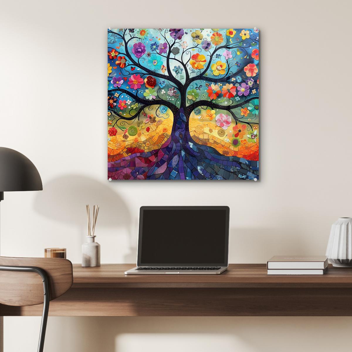 ACRYLGLASBILD Kunst - Baum des Lebens - Blumen - Hippie 50x50 cm - Dunkelblau, Glas (50/50cm) - MuchoWow