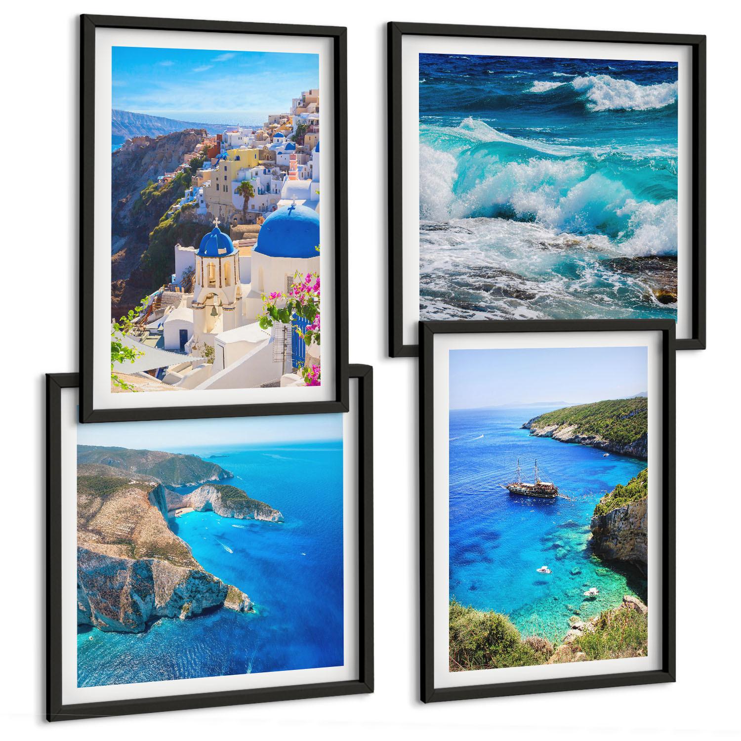 BILDER SET 4er Set - 50x50 cm & 40x60 cm Schwarzer Rahmen - Griechische Ansichten von Santorin Oia - Schwarz, Kunststoff (50/50cm) - TULUP