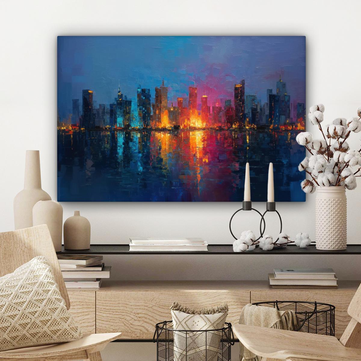 LEINWANDBILD Skyline - Pinselstriche - Dunkelblau - Leuchtend Gemälde 60x40 cm - Blau, Textil (60/40cm) - MuchoWow