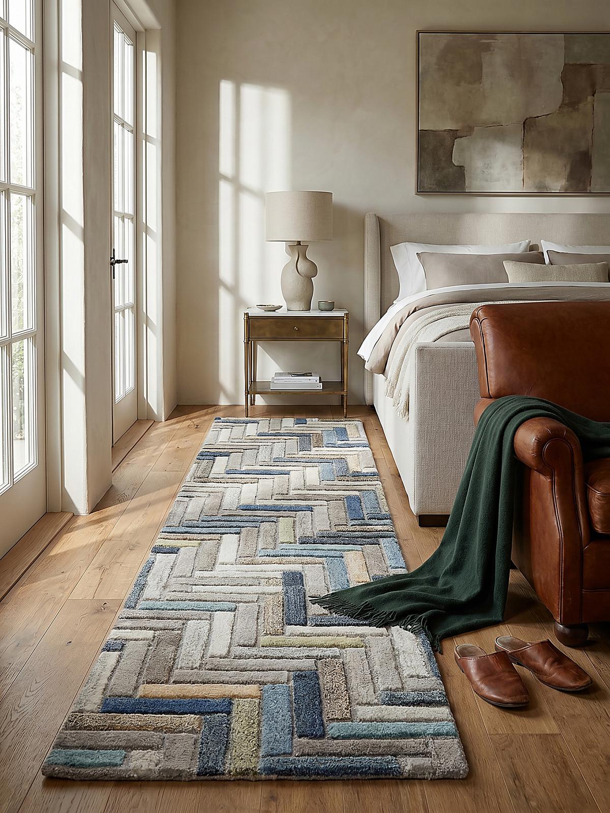 WOLLTEPPICH ESK, geometrisch, Florhöhe 10 mm, Blau-Bunt, 60 x 230 cm - Blau, Textil (230/60cm) - KADIMA DESIGN