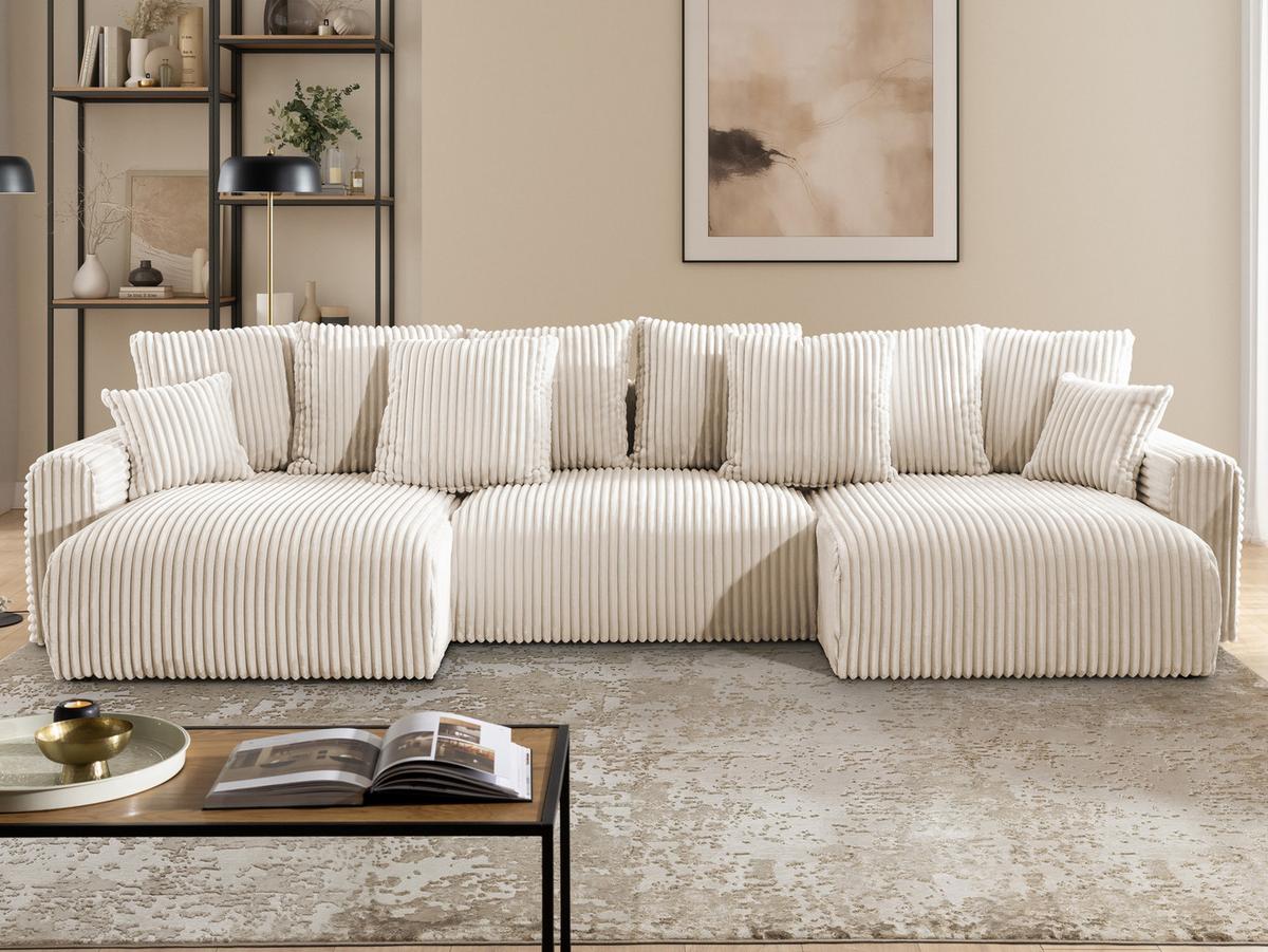 WOHNLANDSCHAFT Calma mit Schlaffunktion und Bettkasten im Bumpy-Design aus weichem Creme Plüschcord - Beige/Creme, Holz/Textil (336/88/140cm) - S-Style