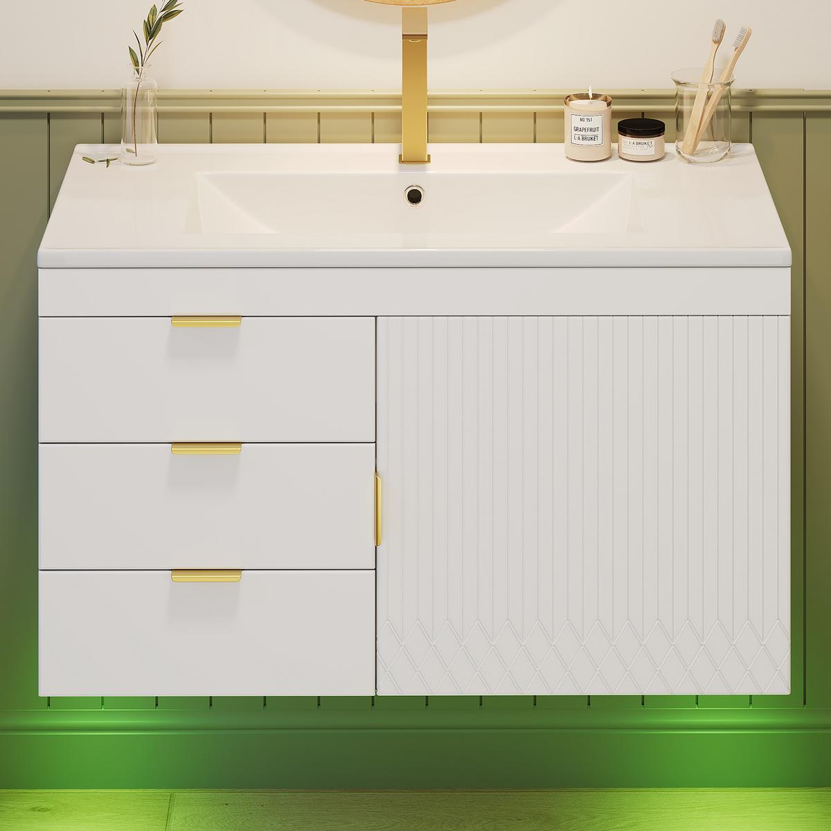 WASCHTISCH mit Unterschrank 76cm Weiß Holzoptik, LED-App & Soft-Close - Weiß, Holzwerkstoff (76/51/46cm) - Urban Meuble