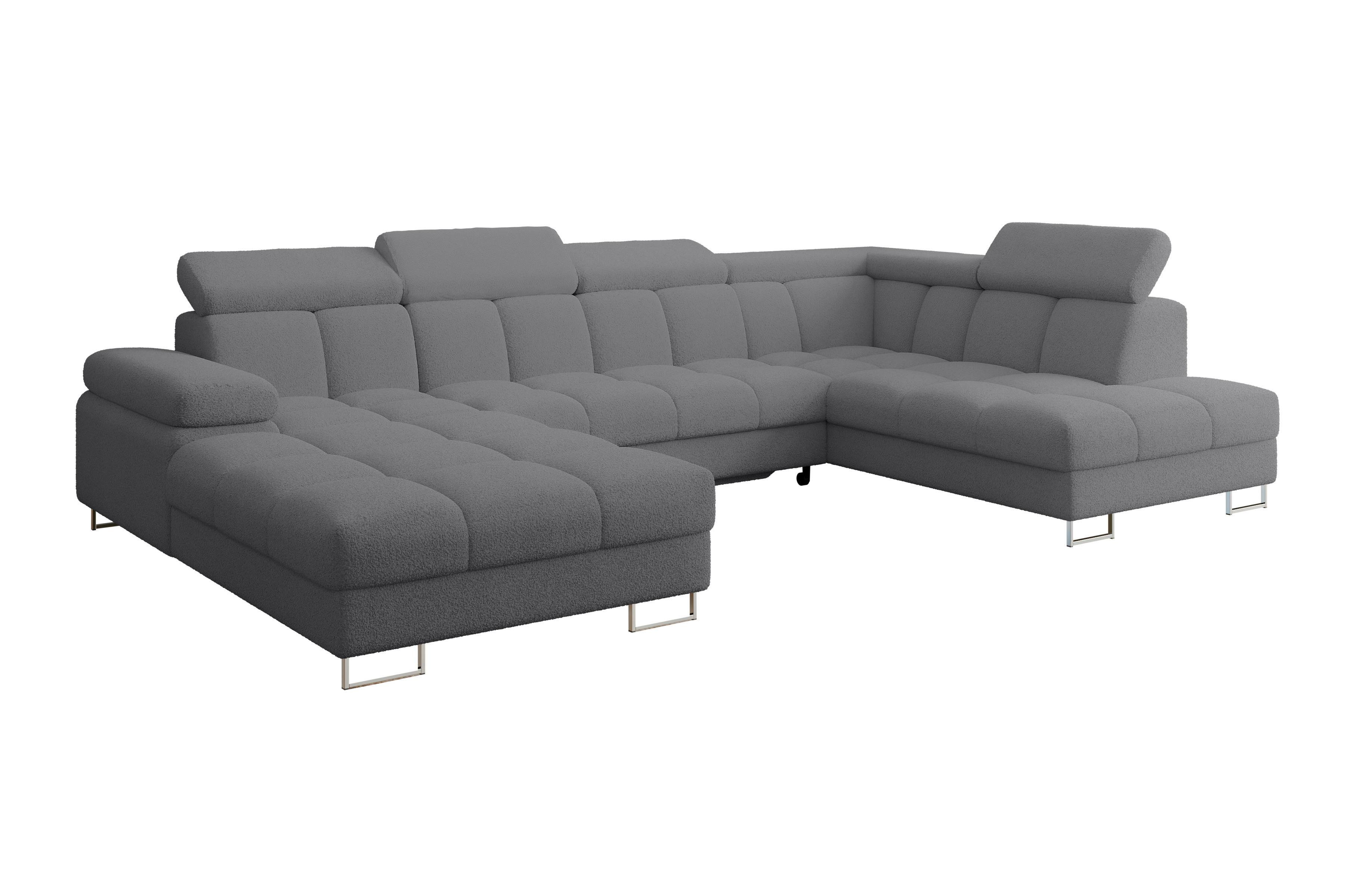 WOHNLANDSCHAFT mit Schlaffunktion und Bettkasten Ottomane RECHTS COMA U 345x203x79 Grau Bouclé - Chromfarben, Holzwerkstoff/Textil (203/79/345cm) - ALTDECOR