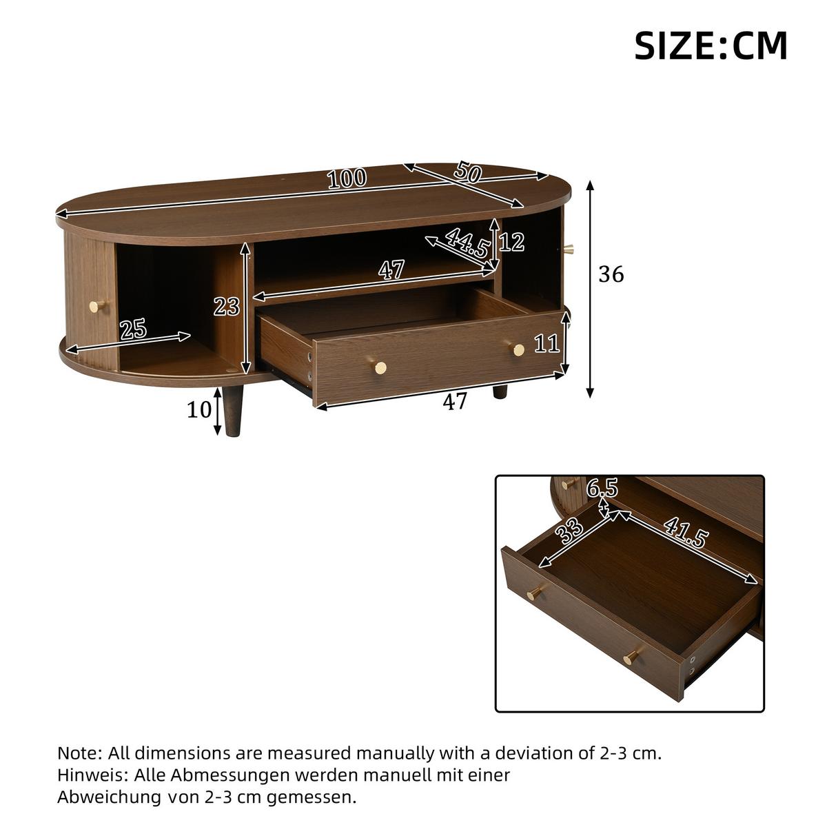 COUCHTISCH Ovales Design mit Rolltür & Schublade - Walnussfarben, Holzwerkstoff (50/100/36cm) - Urban Meuble