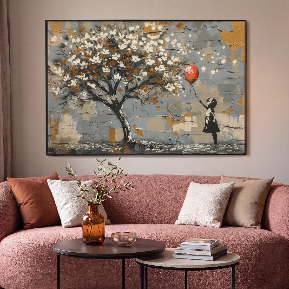 LEINWAND Bilder mit Rahmen - Baum - Graffiti - Banksy-Stil - Ballon-Mädchen - 140x90 - Blaugrau, Textil (140/90cm) - MuchoWow