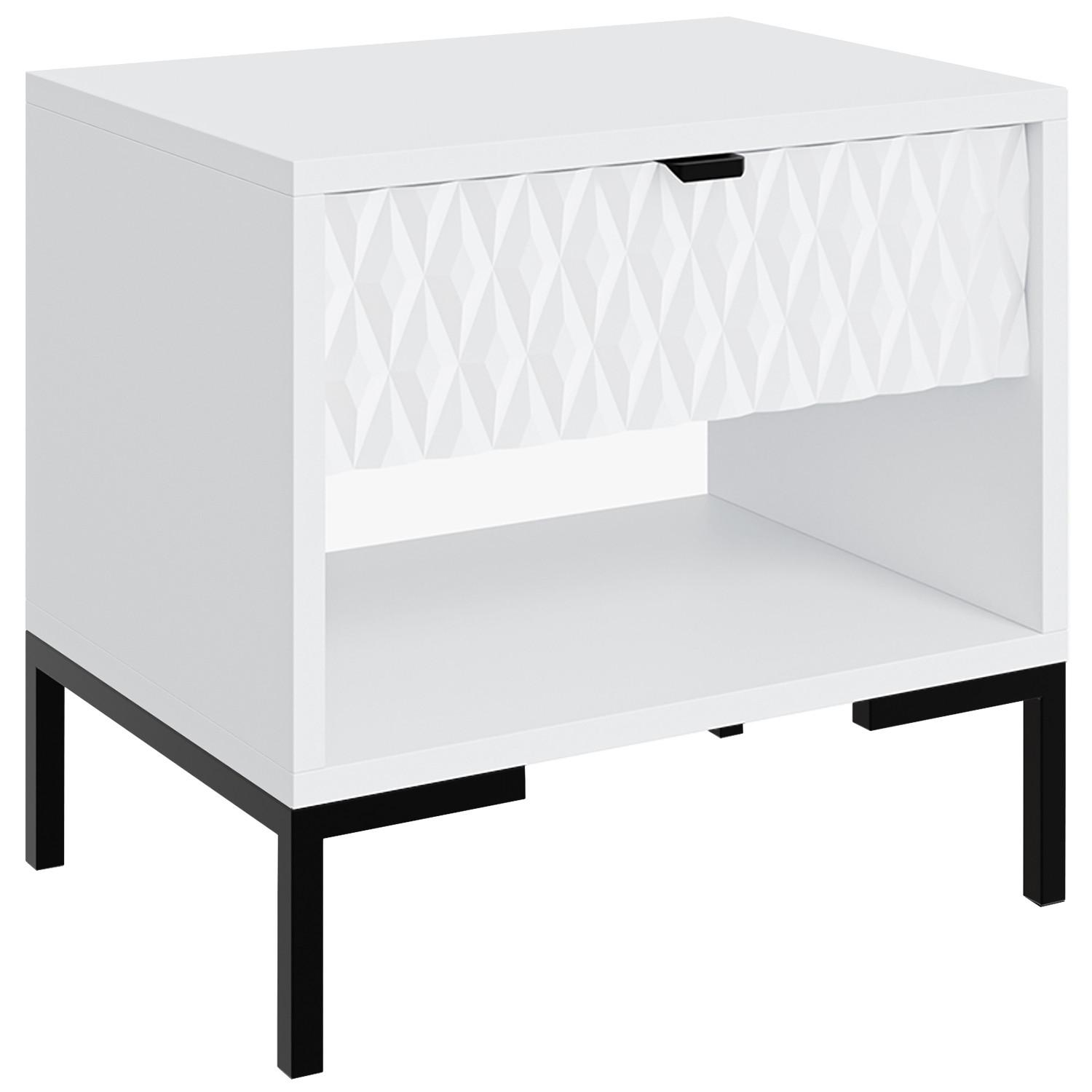 NACHTTISCH Montreal mit Schublade und offenem Fach, dekorative 3D-Fronten, Weiß - Schwarz/Weiß, Holzwerkstoff/Metall (52/55/40cm) - Beautysofa