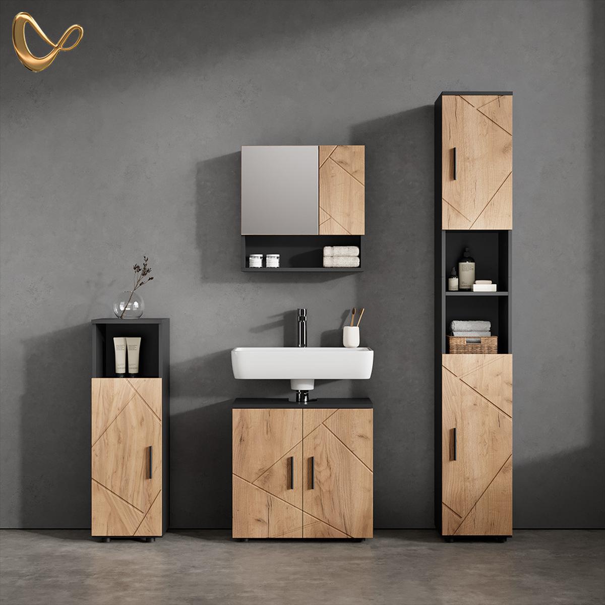 BADMÖBEL-SET Ronco Goldkraft Eiche/Anthrazit 4 Teile, mit Hochschrank - Honigeiche/Anthrazit, Holzwerkstoff (60/192/30cm) - Livinity®