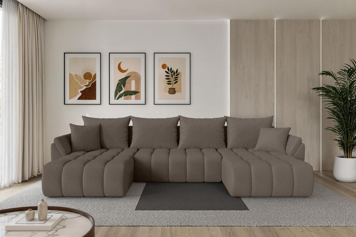 WOHNLANDSCHAFT mit Schlaffunktion und Bettkasten TOKO-U-v1 378x194x86 Braun Bouclé - Schwarz/Braun, Holzwerkstoff/Kunststoff (378/86/194cm) - ALTDECOR