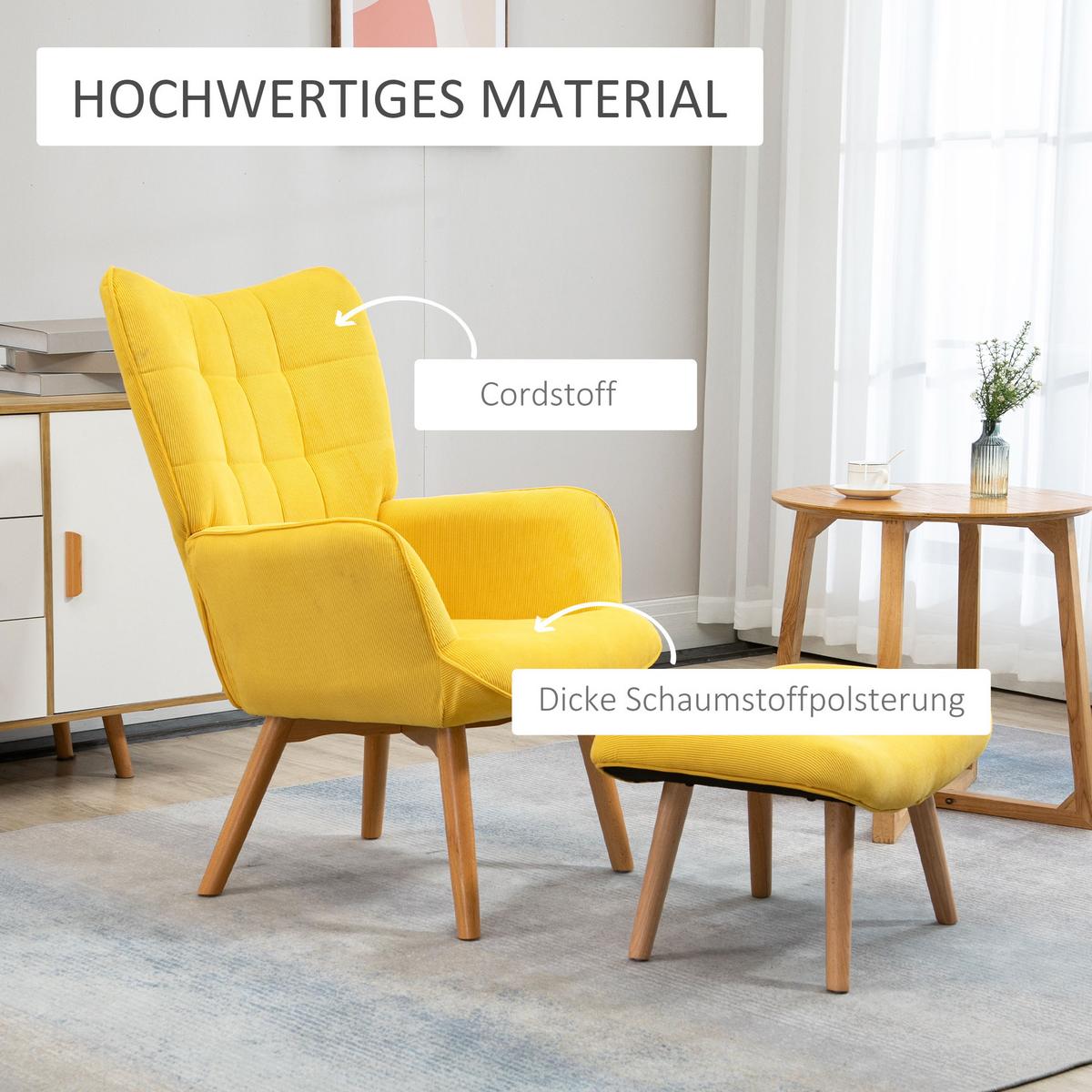 OHRENSESSEL mit Hocker, Relaxsessel, Polstersessel in Cord-Optik, mit Holzbeine - Gelb/Buchefarben, Holz/Buchenholz (80/101/72cm) - HOMCOM