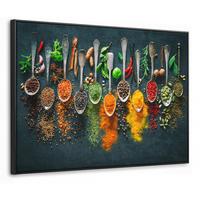 LEINWAND Bilder mit Rahmen - Kräuter - Gewürze - Löffel - 70x50 - Currygelb, Textil (70/50cm) - MuchoWow