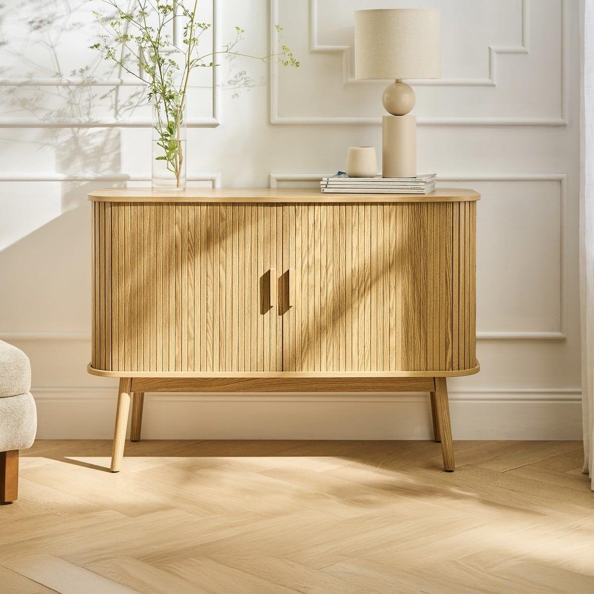 VINTAGE Sideboard Holzdekor 2 Schiebetüren - L110cm - Eiche Bianco, Holzwerkstoff (39/75/47cm) - Calicosy