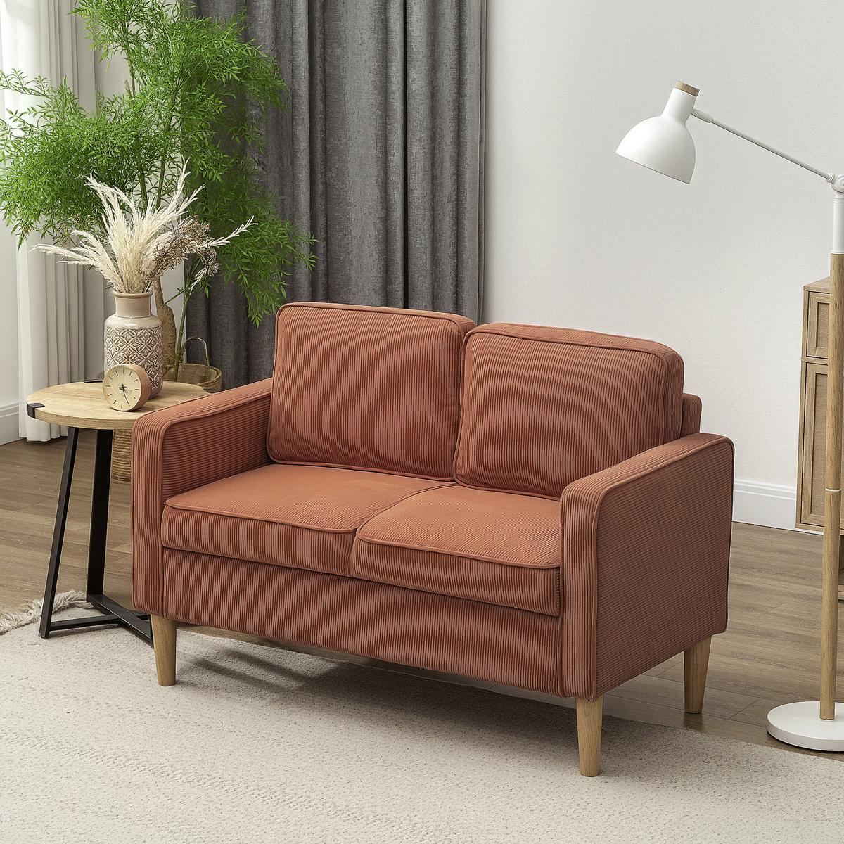 SOFA 2 Sitzer klein Couch mit Armlehne, Stauraum für Wohnzimmer, Orange - Orange/Naturfarben, Holz/Textil (63/79/117cm) - HOMCOM