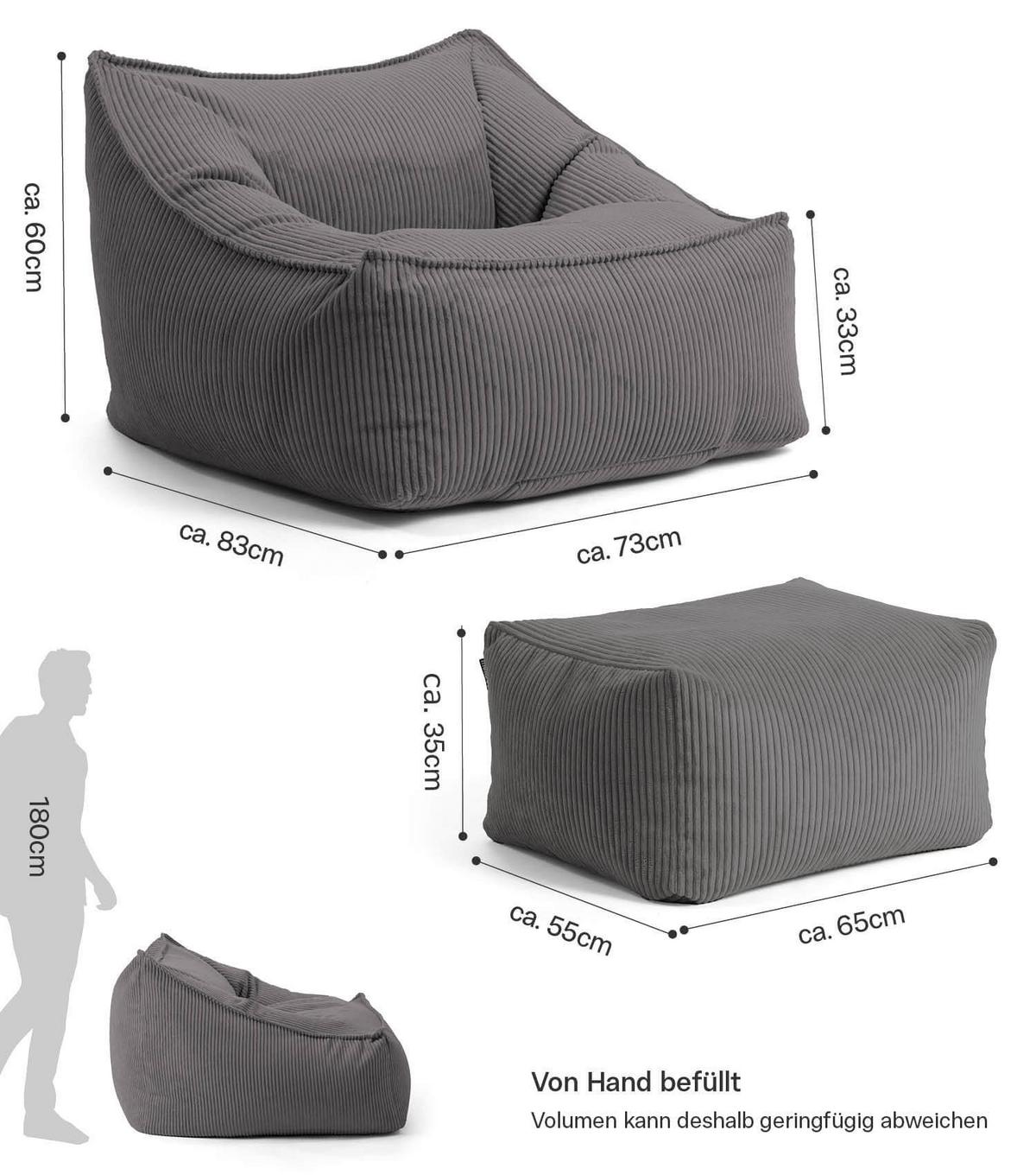 SITZSACK Cord Snug mit Hocker - Anthrazit, Textil (80/60/83cm) - Mokebo