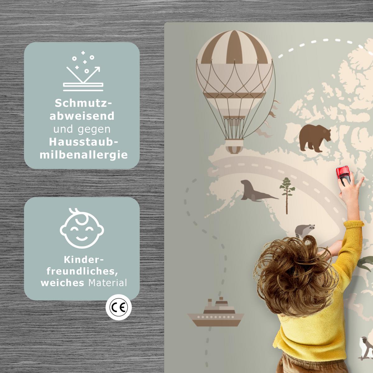 KINDERTEPPICH Weltkarte - Tiere - Flugzeug - Kind - Heißluftballon Spielteppich 180x120 cm - Salbeigrün, Kunststoff (180/0.3cm) - OnlyWow