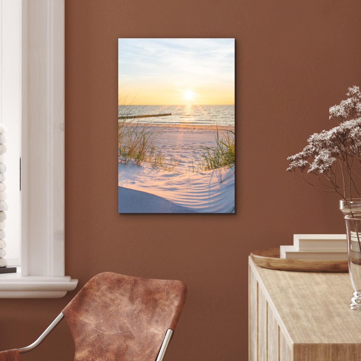 METALLBILD Strand - Sonne - Düne - Gras - Sand - Horizont Deko Schlafzimmer 40x60 cm - Hellblau, Metall (40/60cm) - MuchoWow