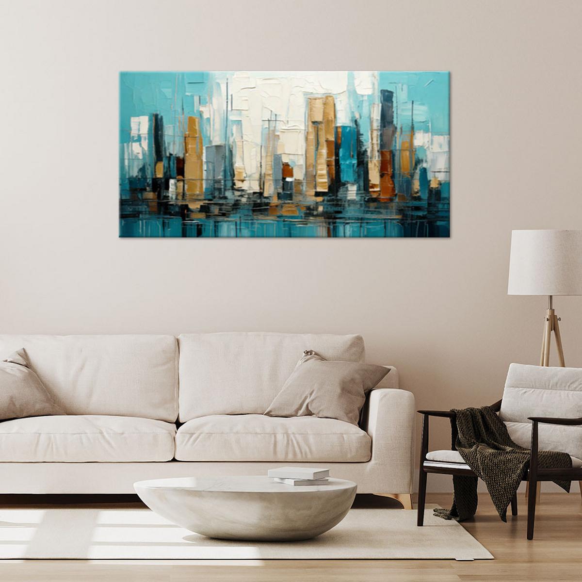 LEINWANDBILD Stadt Abstraktion Gebäude Türkis 100x50cm - Türkis, Textil (100/50cm) - Feeby