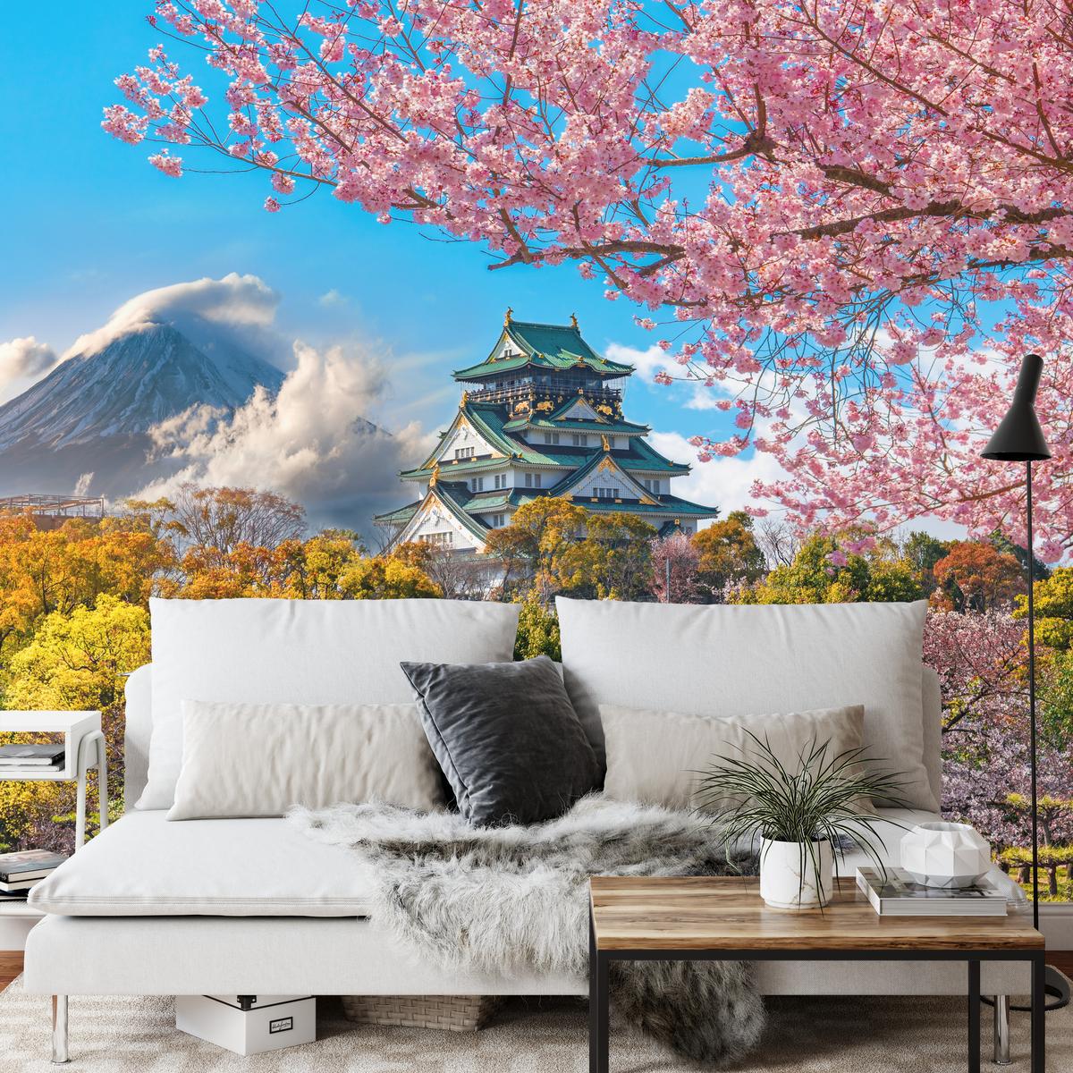 FOTOTAPETE für Wohnzimmer Kirschblüten Osaka Burg Japan Berge Bäume 350x256 - Gelb/Rosa, Papier (350/256cm) - Muralo