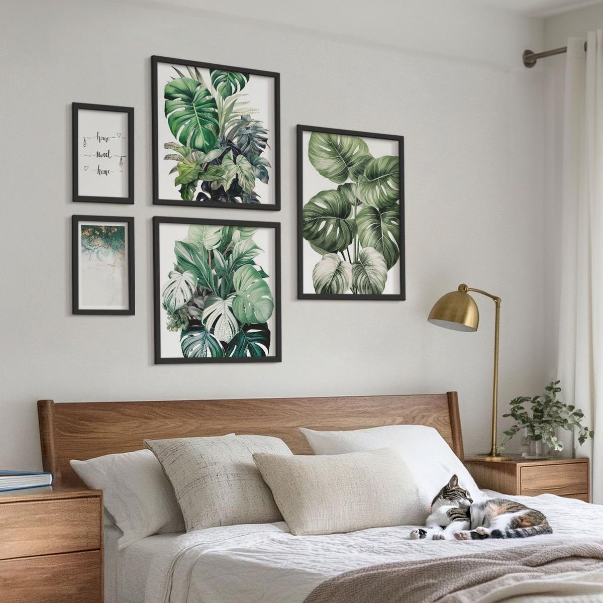 BILDER SET 5er Set - 50x50 cm & 20x30 cm & 40x60 cm Schwarzer Rahmen - Aquarell-Monstera-Blätter - Schwarz, Kunststoff (40/60cm) - TULUP