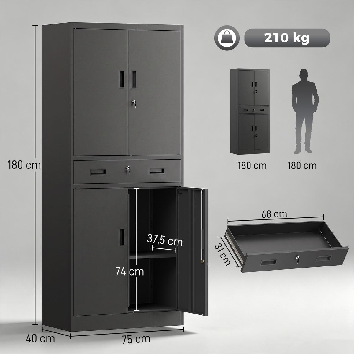 METALLSCHRANK Stahl Schwarz - Schwarz, Metall (40/180/75cm) - HOMCOM