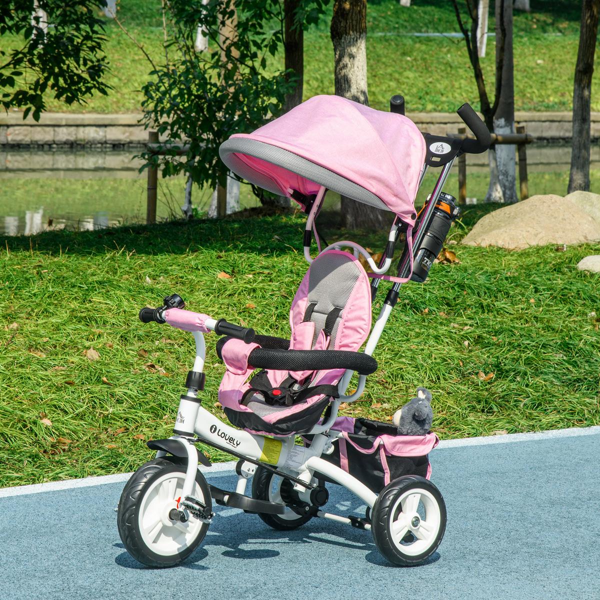 6-IN-1 Dreirad mit Schubstange, Kinderdreirad mit abnehmbarem Sonnendach Rosa - Rosa, Metall (95/50/106cm) - HOMCOM