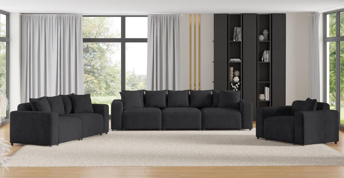 SOFASET Megan 3-2-1 In Poso - Anthrazit, Holzwerkstoff/Textil (327/75/98cm) - Fun Möbel