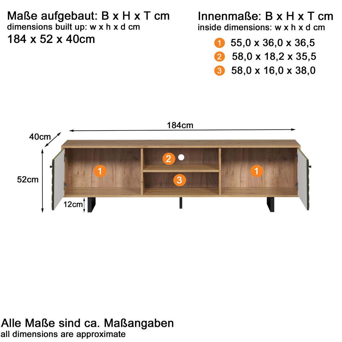 TV-LOWBOARD grün matt mit 3D Struktur, Eiche Artisan 184 cm, TV-Unterteil mit Soft-Close - Schwarz/Eiche Artisan, Holzwerkstoff/Kunststoff (184/52/40cm) - Top.Furn
