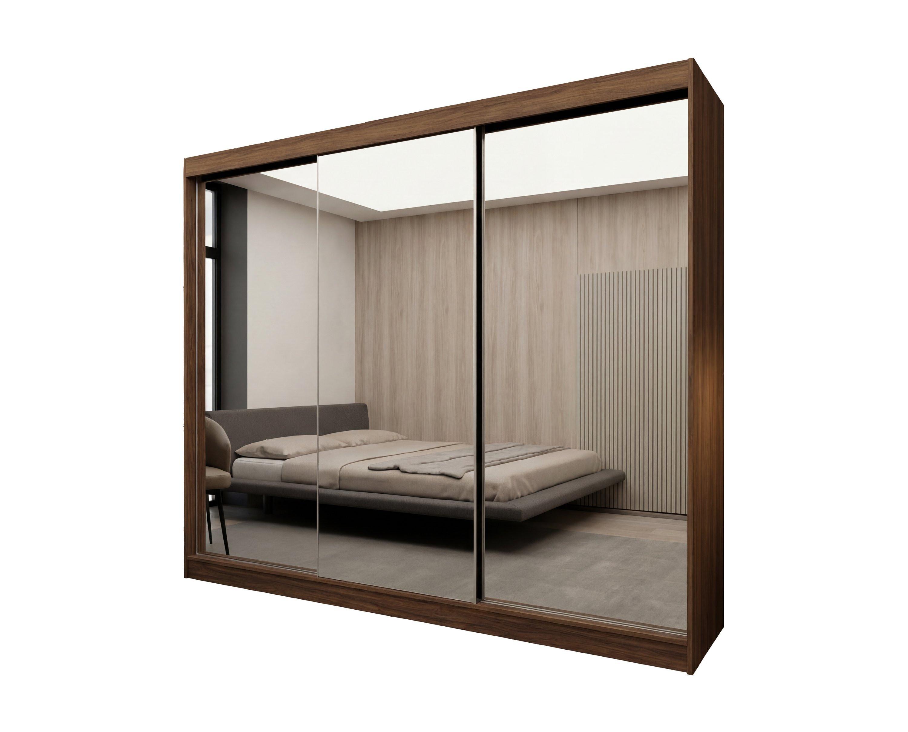 SCHWEBETÜRENSCHRANK BELLINA 240/216/61 cm Modern Kleiderschrank 3-türig mit Spiegel Nussbaumfarben - Nussbaumfarben, Holzwerkstoff (240/216/61cm) - MASSENO