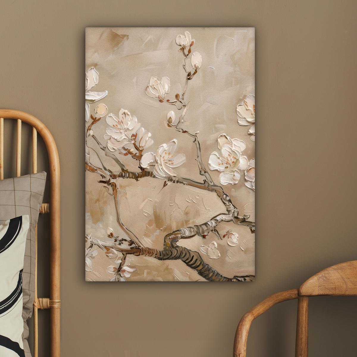 LEINWANDBILD Blumen - Modern - Beige - Weiß - Blüte Wanddeko Schlafzimmer 60x90 cm - Beige, Textil (60/90cm) - MuchoWow