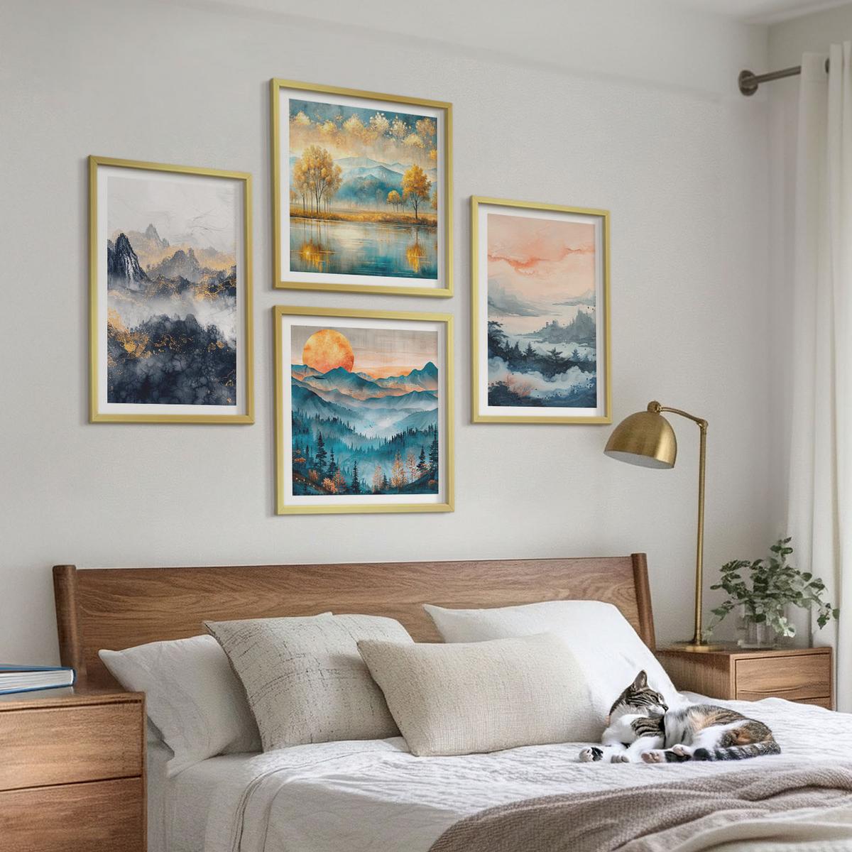 BILDER SET 4er Set - 50x50 cm & 40x60 cm Goldrahmen - Gemalte Abstraktionen der Natur - Goldfarben, Kunststoff (50/50cm) - TULUP