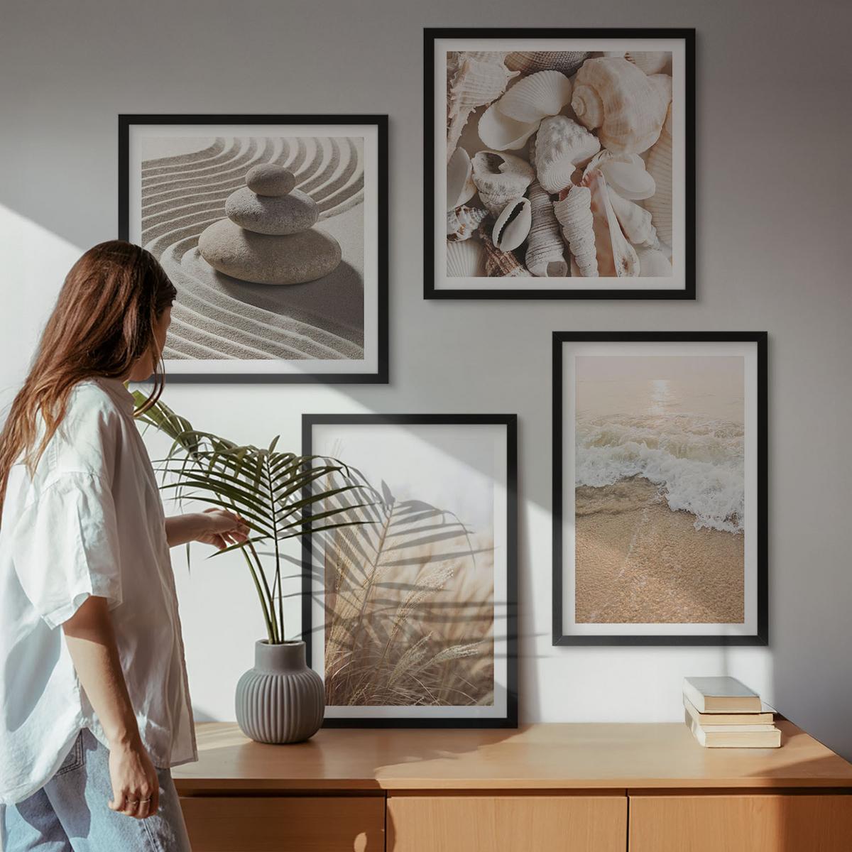 BILDER SET 4er Set - 50x50 cm & 40x60 cm Schwarzer Rahmen - Strandmotive, Muscheln, Wellen - Schwarz, Kunststoff (50/50cm) - TULUP