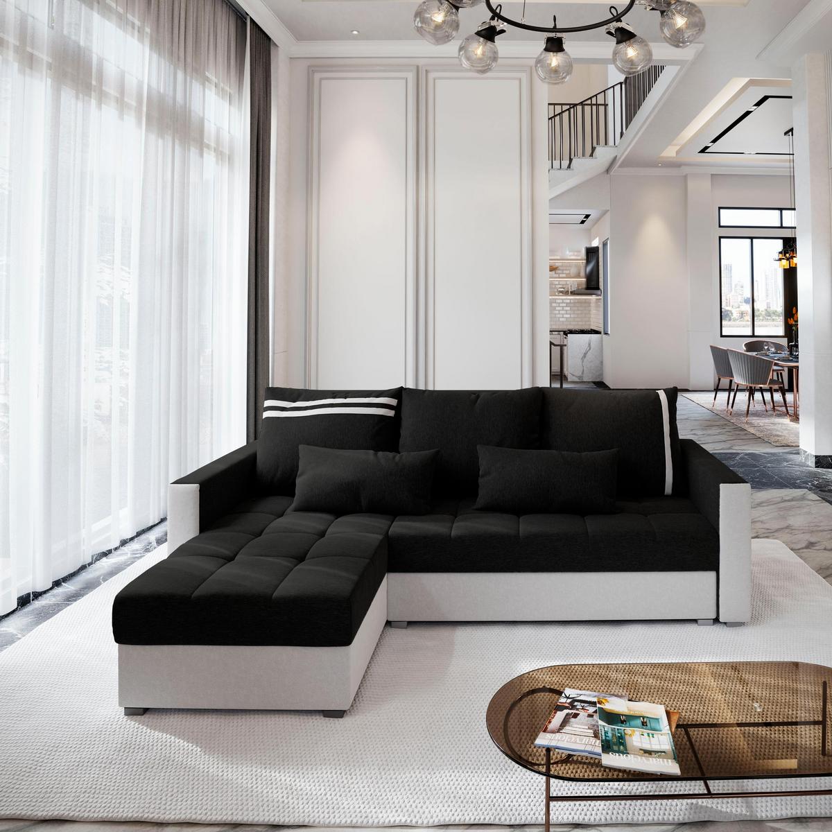ECKSOFA KOS PIK Schwarz Dünner Stoff mit Schlaffunktion - Schwarz/Weiß, Holz/Kunststoff (220/140cm) - MASSENO