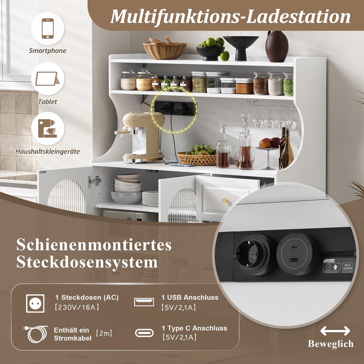 BUFFETSCHRANK mdf in weiß mit riffelglas, ladestation & weinglashalter - Weiß, Holzwerkstoff (120/138.5/40cm) - Urban Meuble