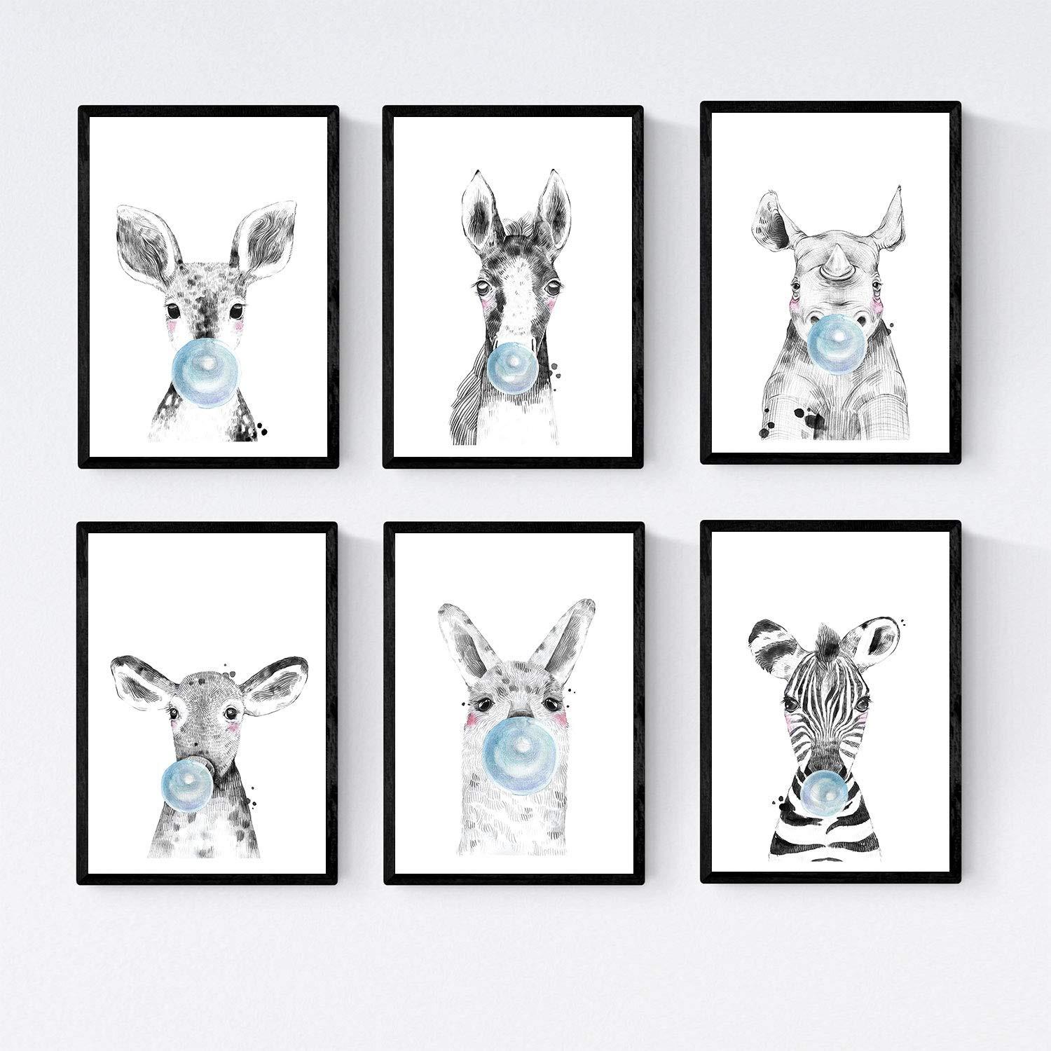 POSTER Set Mit 6 Tiere Babys Mit Kaugummi Zebra Rino Deer Kuhpferd Und Flamme A4 Rahmenlos - Klar, Papier (29/3cm) - Nacnic
