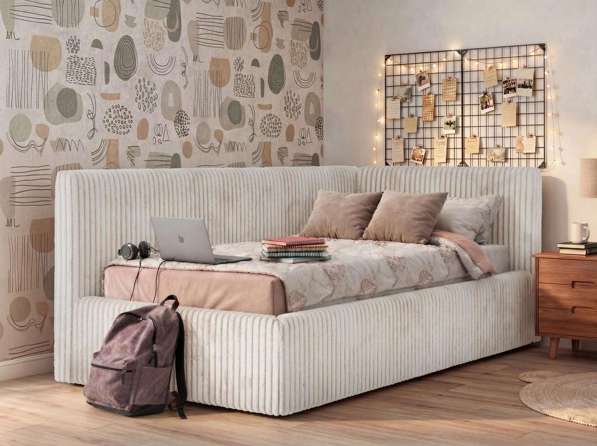 POLSTERBETT TILVO 90/200 - Beige Cord - Ohne Matratze - Rechts - Beige, Textil (200/90cm) - MKS
