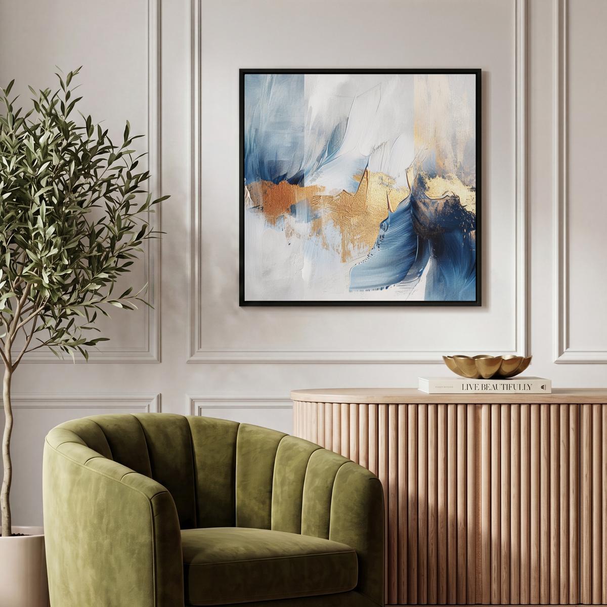 LEINWAND Bilder mit Rahmen - Gold - Blau - Aquarell - Kunst - Modern - 50x50 - Hellblau, Textil (50/50cm) - MuchoWow